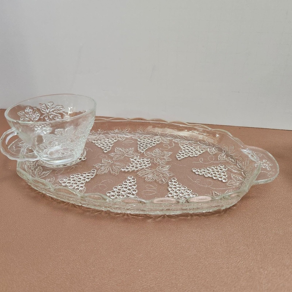 Vintage Anchor Hocking Clear Glass Snack Set Embossed Grape Leaf Pattern